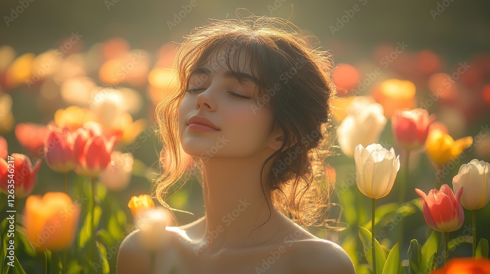 Naklejka premium Silhouette of a woman in a field of vibrant flowers during golden hour with soft sunlight illuminating her features