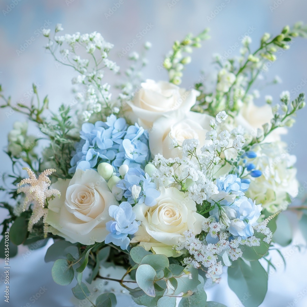 Elegant floral arrangement features white roses and blue hydrangeas in a soft setting for a special occasion Elegant floral arrangement features white roses and blue hydrangeas in a soft setting for a special occasion