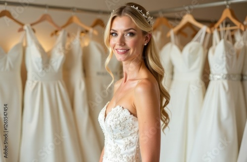 Preparing for the wedding. Happy blonde bride trying on a wedding dress in a salon. Wedding fashion concept.