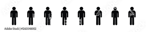 stickman icon set disabled, with bandaged man, injury illustration, stick figure people on crutches, person with prosthesis, medical icons, isolated on transparent
