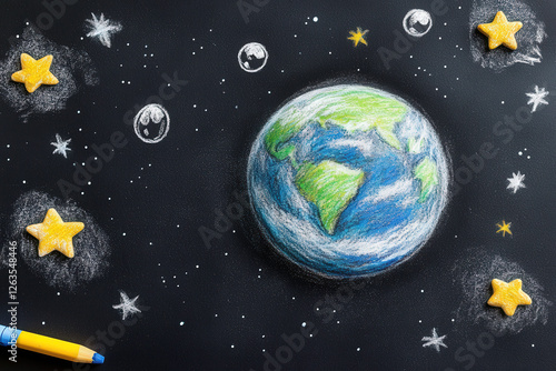 Colorful Illustrated Earth Surrounded by Stars, Bubbles, and Bright Elements on a Chalkboard Background for Educational and Creative Themes photo