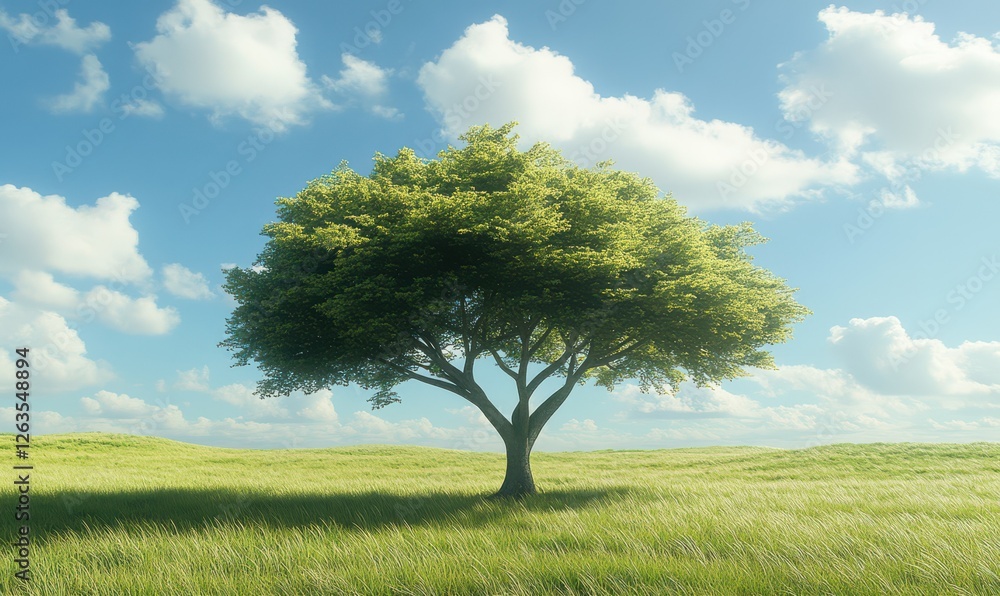 Obraz premium Isolated acacia tree standing in the middle of an open grassy field under a cloudy blue sky, serene countryside landscape, soft natural colors, tranquil mood