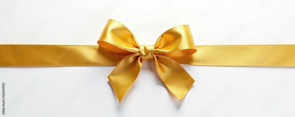 Shimmering gold ribbon tied in perfect bow, pure white background, glitter, wrapping Shimmering gold ribbon tied in perfect bow, pure white background, glitter, wrapping
