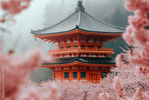 Wallpaper Mural Traditional Japanese temple surrounded by vibrant cherry blossoms during spring season - Generative AI Torontodigital.ca