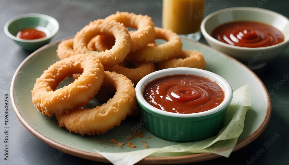 Golden thick cut onion rings paired with a flavorful tangy dipping sauce Golden thick cut onion rings paired with a flavorful tangy dipping sauce