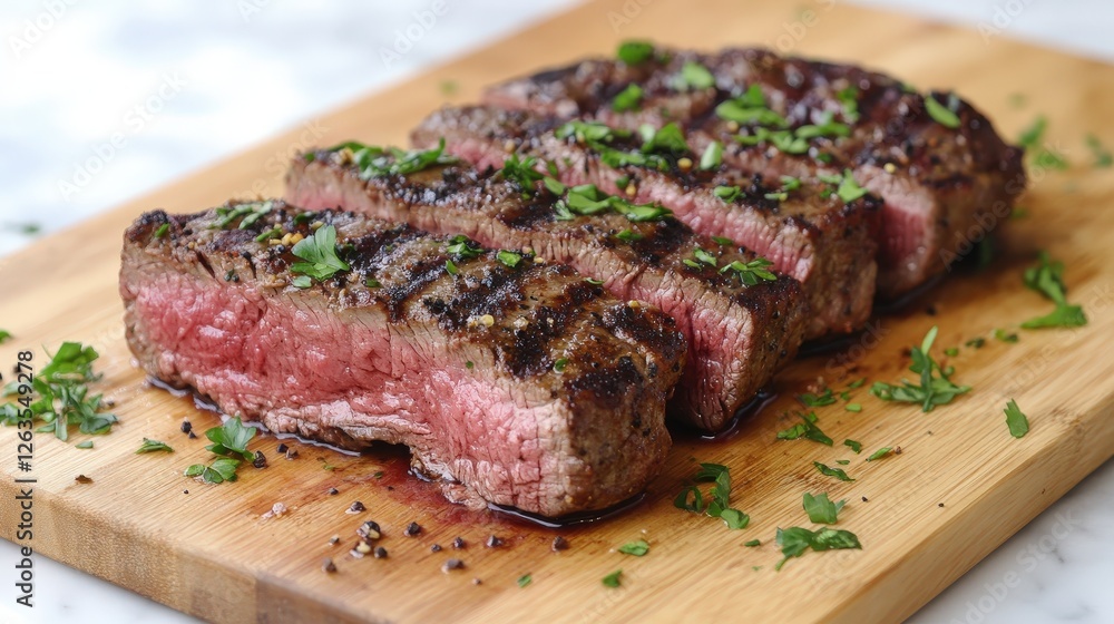 Juicy grilled steak with fresh herbs on wooden board Juicy grilled steak with fresh herbs on wooden board