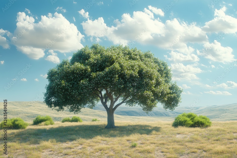 Hyper Realistic Photography of a Single Tree with Vibrant Green Bushes and Beautiful Daylight Illumination Hyper Realistic Photography of a Single Tree with Vibrant Green Bushes and Beautiful Daylight Illumination