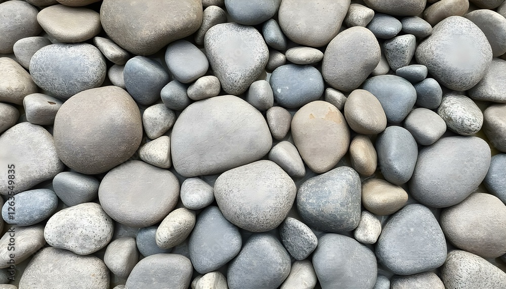 Smooth gray and white river rocks of various sizes arranged in a natural pattern Smooth gray and white river rocks of various sizes arranged in a natural pattern