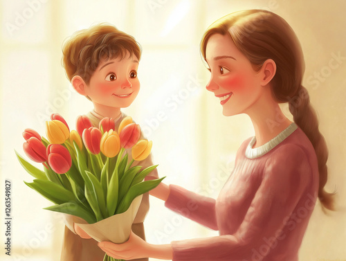 A sweet little boy with bright eyes hands a bouquet of tulips to his smiling mother. The soft, painterly style and warm pastel lighting create a gentle and emotional moment of love, gratitude
