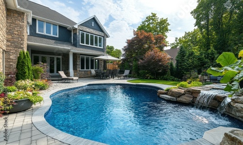 View of swimming pool in home lawn , swimming pool in home is amazing addition in home decoration.