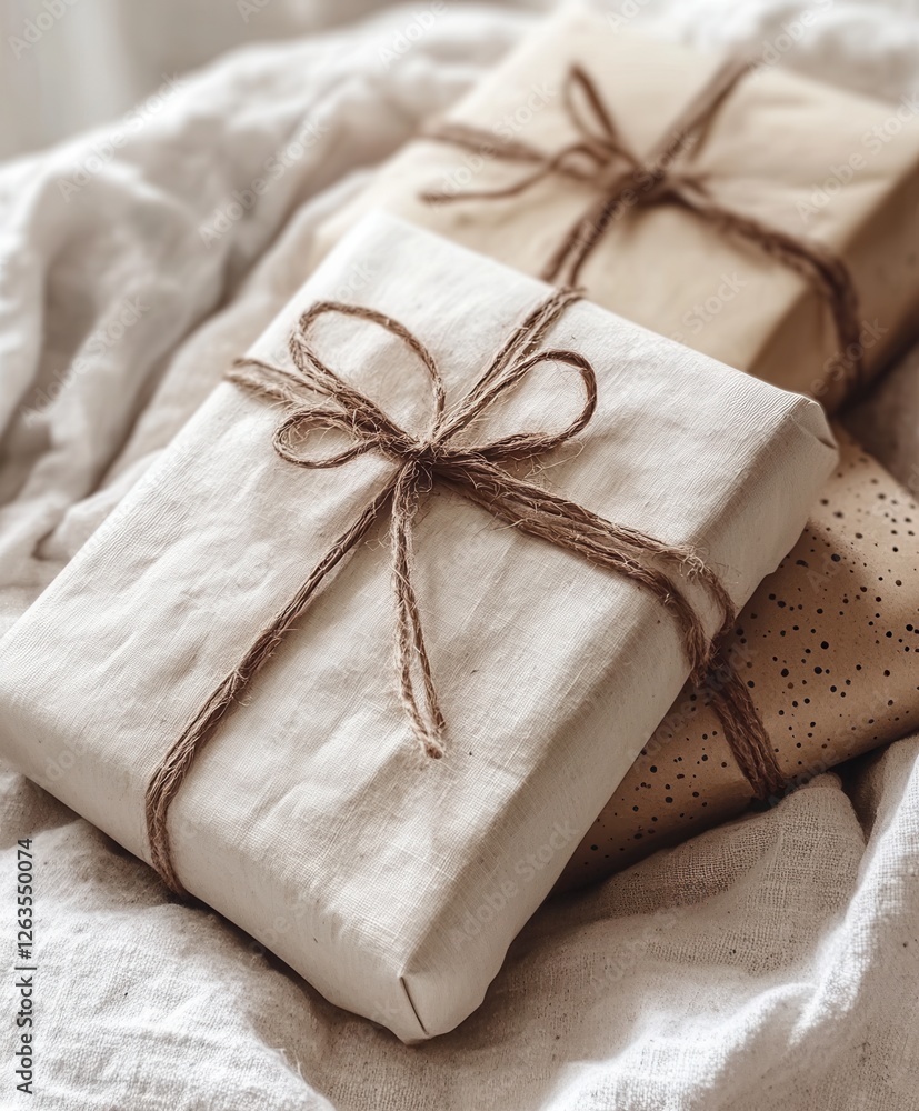 Two beautifully wrapped presents rest elegantly on a bed adorned with a crisp white sheet, creating a serene and festive atmosphere. Two beautifully wrapped presents rest elegantly on a bed adorned with a crisp white sheet, creating a serene and festive atmosphere.