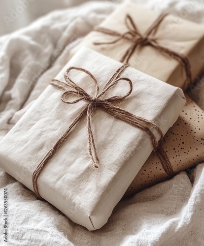 Two beautifully wrapped presents rest elegantly on a bed adorned with a crisp white sheet, creating a serene and festive atmosphere.
