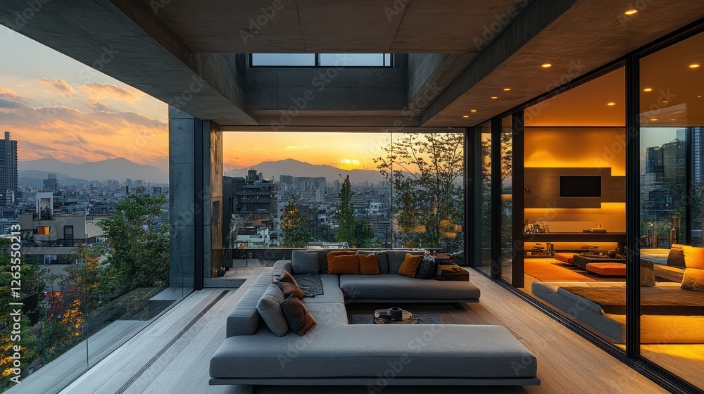 Sunset Cityscape View from Modern Terrace Sunset Cityscape View from Modern Terrace