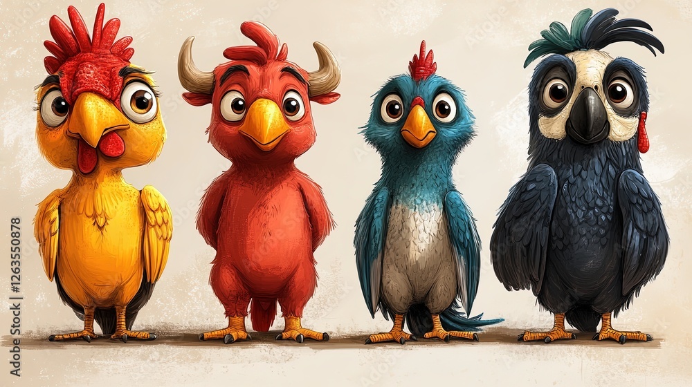 Colorful cartoon birds with unique expressions Colorful cartoon birds with unique expressions