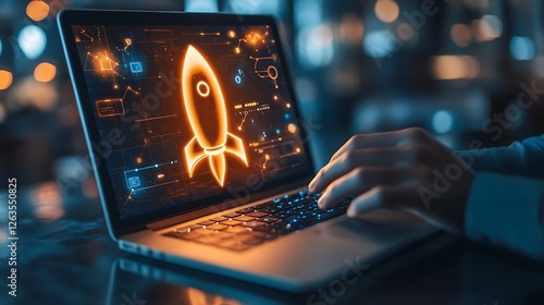 Person using laptop with glowing rocket ship on screen, symbolizing startup, innovation, or launch.