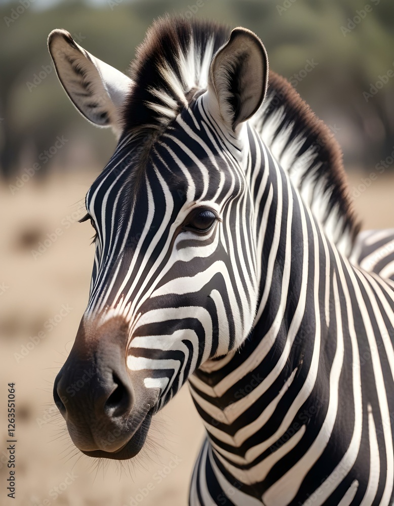 Naklejka premium Portrait of Male Zebra with Detailed Stripes and Serene Eyes in Savanna