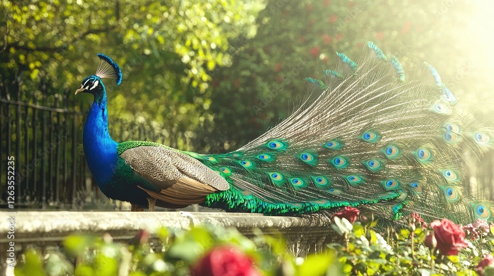Obraz premium A majestic peacock perched atop a stone wall overlooking a vibrant green park bursting with red blossoms and towering trees