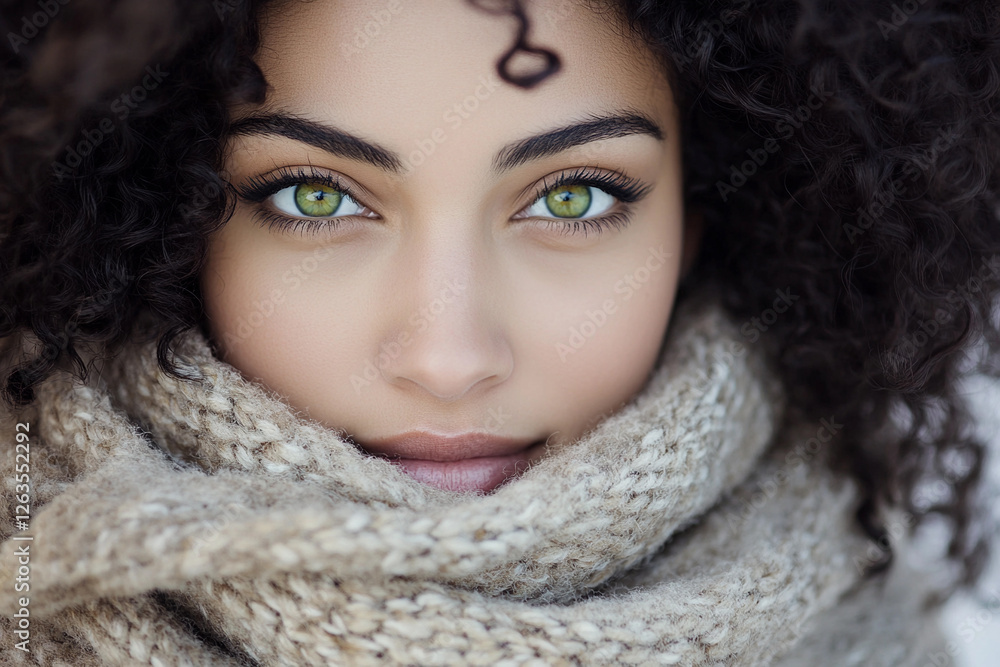 Woman with green eyes wrapped in warm scarf outdoors Woman with green eyes wrapped in warm scarf outdoors