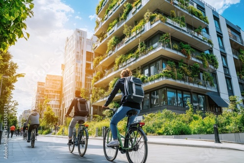 Bicyclists enjoy a sunny ride past modern eco-friendly apartments in an urban setting photo