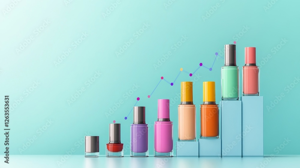 Colorful Nail Polish Bottles with Growth Chart on Blue Background Colorful Nail Polish Bottles with Growth Chart on Blue Background