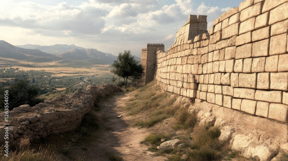 Ancient stone wall overlooking valley landscape. Hiking trail. Possible use for history, travel, or scenic backgrounds