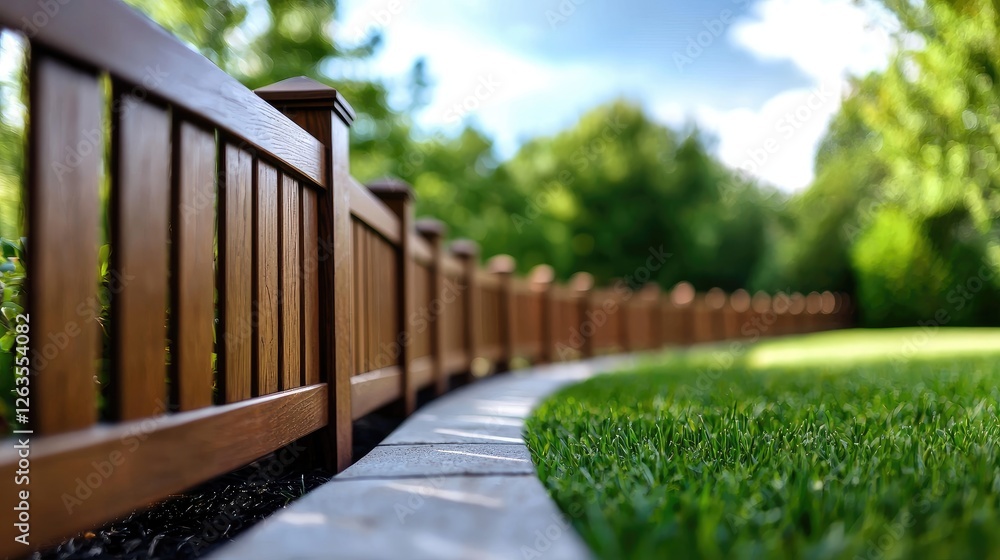 Curved wooden fence in green backyard Curved wooden fence in green backyard