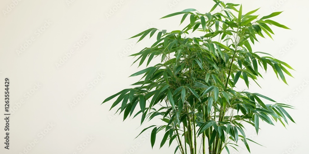 A graceful green bamboo stands tall and slender; its symmetrical leaves cascade gracefully to the left, forming an elegant silhouette against the backdrop A graceful green bamboo stands tall and slender; its symmetrical leaves cascade gracefully to the left, forming an elegant silhouette against the backdrop