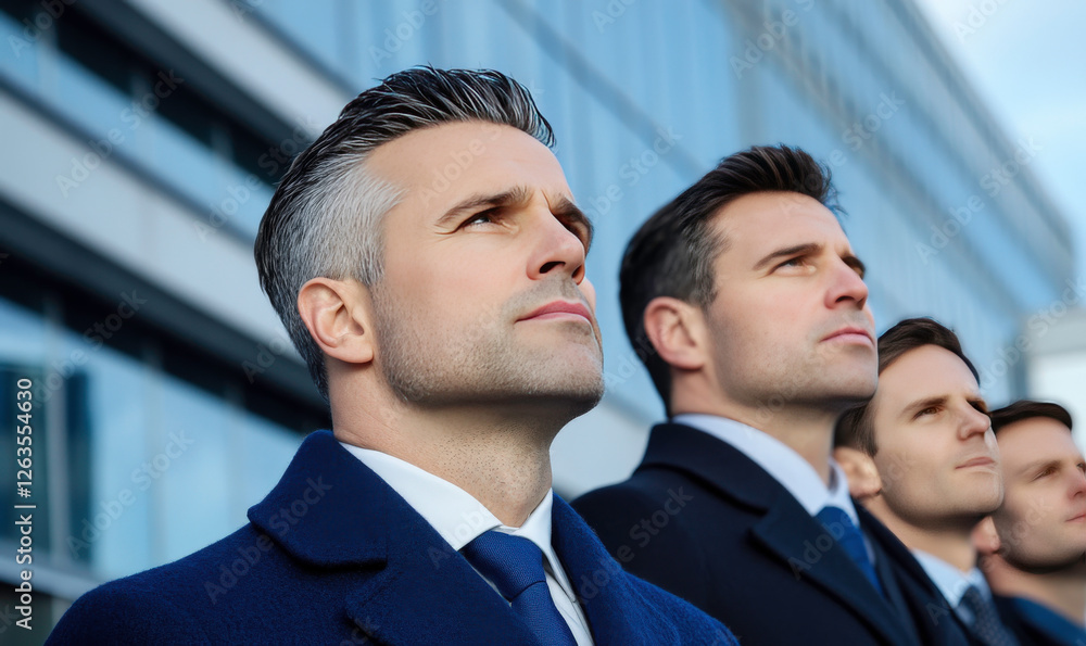 Group of Confident Businessmen Standing Together in Suits Against Modern Urban Background with Determined Expressions of Leadership and Vision Group of Confident Businessmen Standing Together in Suits Against Modern Urban Background with Determined Expressions of Leadership and Vision