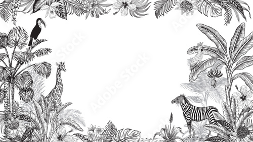 Tropical toile zebra, giraffe animal, toucan, parrot, palm trees, banana, palm leaves, hibiscus flower botanical frame. Jungle landscape mural.