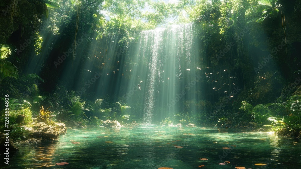Fototapeta premium Lush Waterfall in a Tropical Jungle