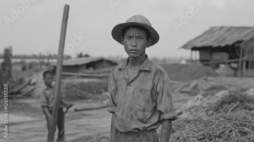 Asian boy worker, rural scene, simple hut, hard labor, possible stock photo photo