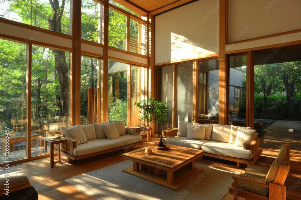 Luminous modern living room featuring large windows and natural wood accents in a tranquil forest setting Luminous modern living room featuring large windows and natural wood accents in a tranquil forest setting