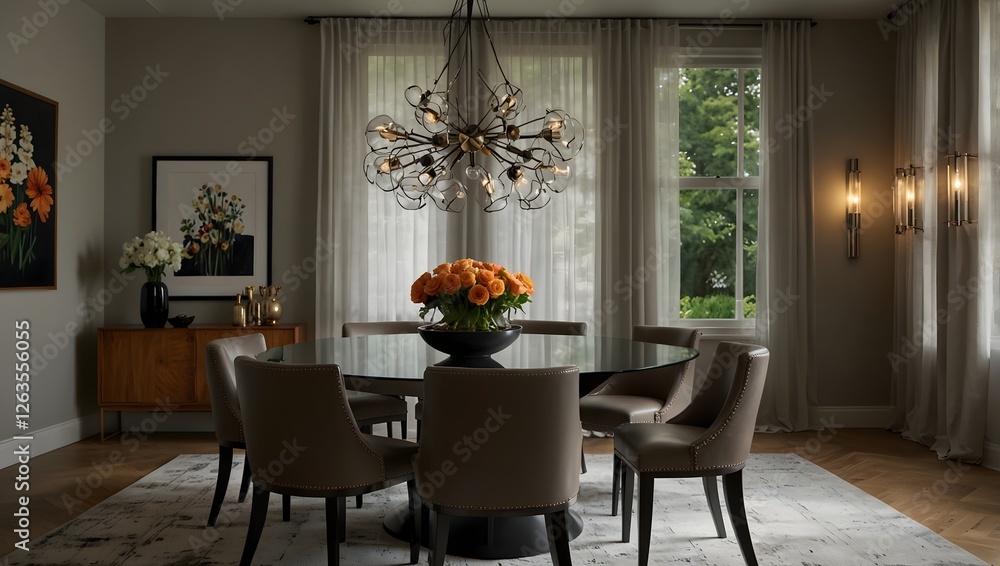 Elegant dining room with round glass-top table, upholstered chairs, chandelier, and sideboard Elegant dining room with round glass-top table, upholstered chairs, chandelier, and sideboard