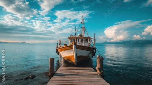 Old fishing boat moored at wooden dock, serene lake view.