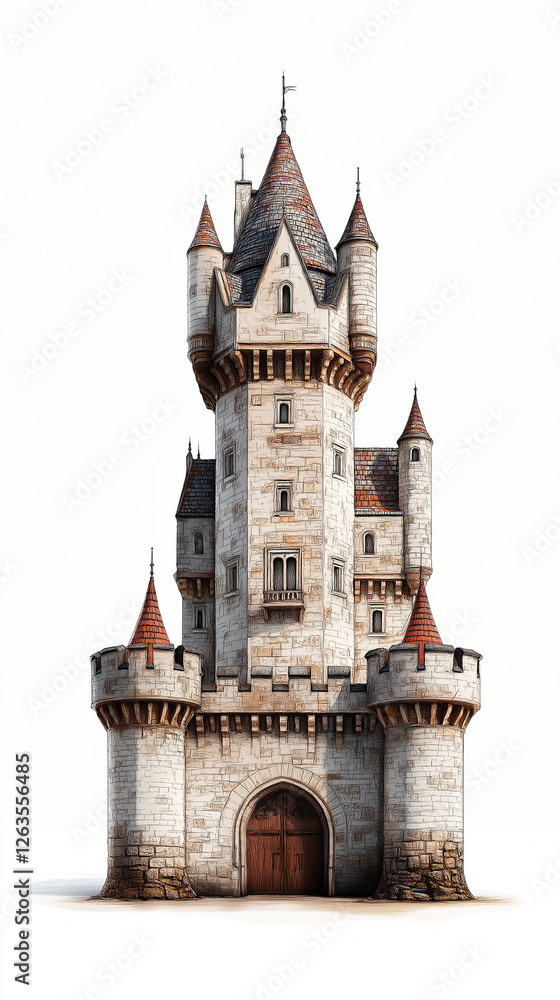 Fototapeta premium Fantasievoller Burgenentwurf auf isolierter Basis mit detaillierter Architektur