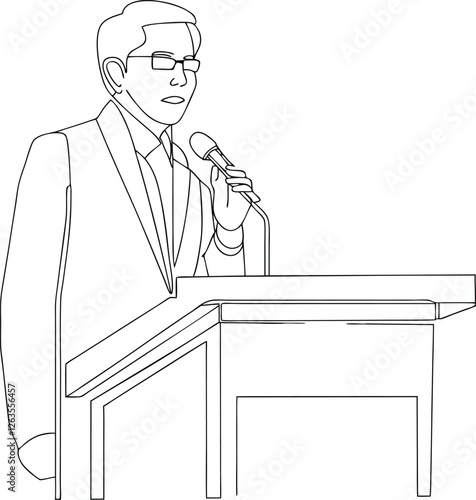 Middle Aged Man Wearing Glass At Rostrum In Front Of Audience With Microphone At Business Conference