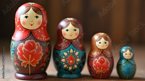 Four intricate Russian nesting dolls are lined up on a table