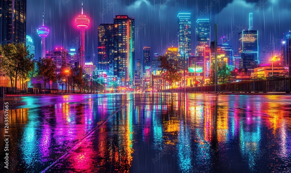 Obraz premium Vibrant city skyline glowing with colorful neon lights reflected on a rainy street, showcasing nightlife and urban energy.