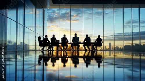 Corporate business meeting at sunrise in a modern glass office with executives discussing strategy, leadership, and innovation against a city skyline