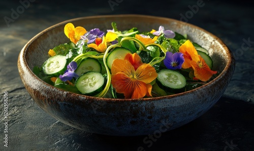 Vibrant garden salad with edible flowers, cucumber ribbons, and a light vinaigrette, styled in a rustic ceramic bowl for a fresh and colorful presentation
