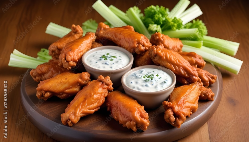 Fototapeta premium Crispy buffalo wings alongside crunchy celery sticks and tangy blue cheese sauce