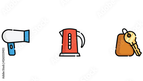 Hotel rooms and facilities vector art outline colored