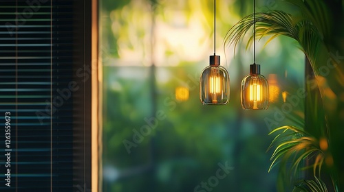   A few lights dangling from a ceiling near a plant before a window with blinds drawn on it photo