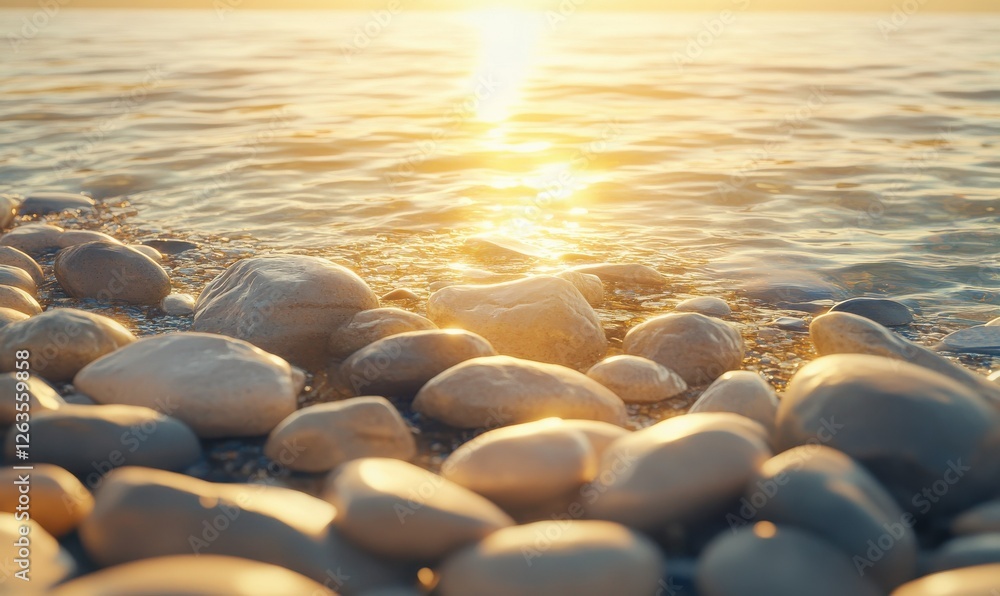 Fototapeta premium Smooth rocks on a quiet shoreline with calm water and golden sunlight, styled to capture a tranquil and meditative atmosphere