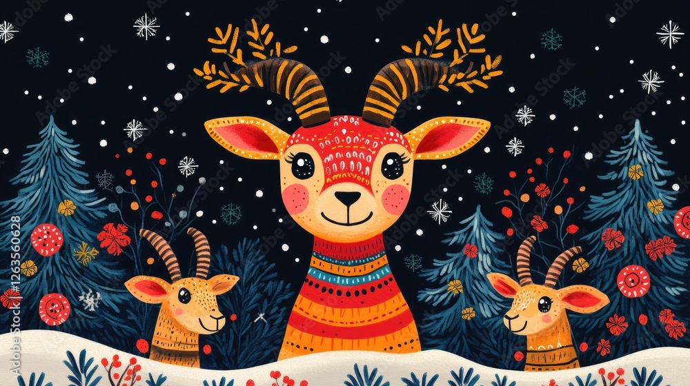 Cute Deer Family in Winter Forest Scene Cute Deer Family in Winter Forest Scene