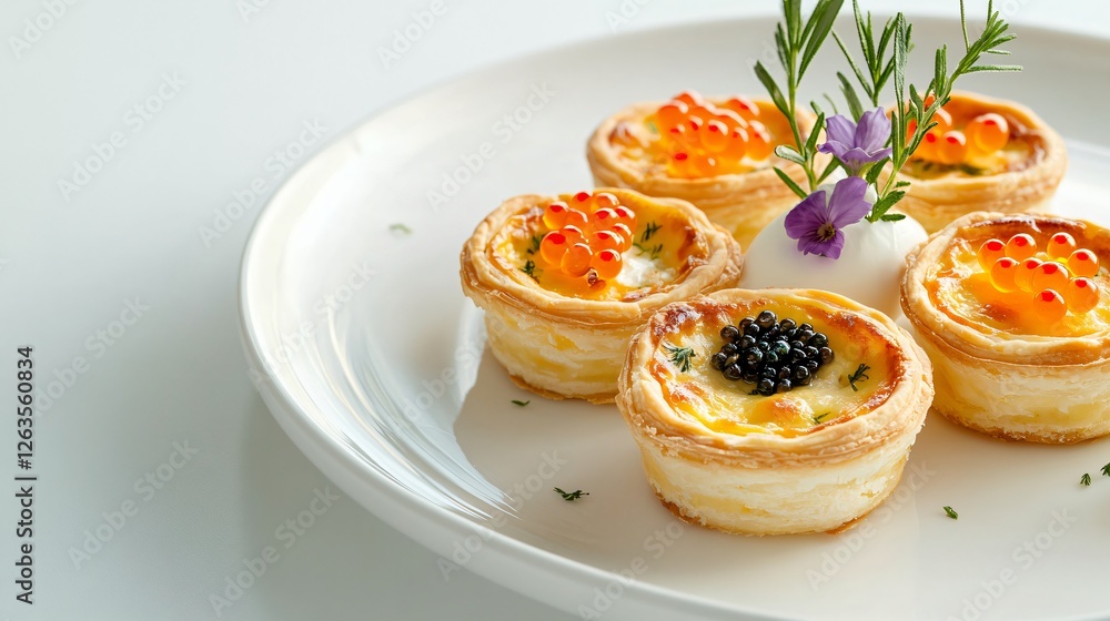 A delicate, fine-dining inspired arrangement of mini Easter quiches, served on a porcelain plate with a touch of caviar and crème fraîche, isolated on a clean background A delicate, fine-dining inspired arrangement of mini Easter quiches, served on a porcelain plate with a touch of caviar and crème fraîche, isolated on a clean background