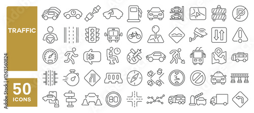 Set of 50 line icons related to traffic, road, street, cars, vehicles, transport, drive, barrier, navigation, parking, direction, path, Editable stroke. Vector illustration