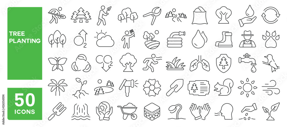 Fototapeta premium Set of 50 line icons related to tree planting, plant, drought, watering, growing, soil, leaves, botany, forest, green, pine, palm, trees, nature, Editable stroke. Vector illustration