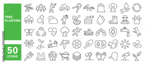 Set of 50 line icons related to tree planting, plant, drought, watering, growing, soil, leaves, botany, forest, green, pine, palm, trees, nature, Editable stroke. Vector illustration