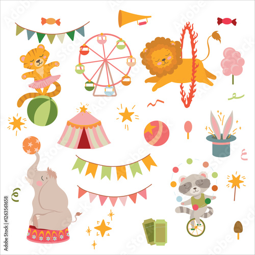 Circus. Circus animals actors. Mobile Fair. Holiday. Performance. Tricks. Attributes of a circus show. Decorations for the holiday. Vector illustration